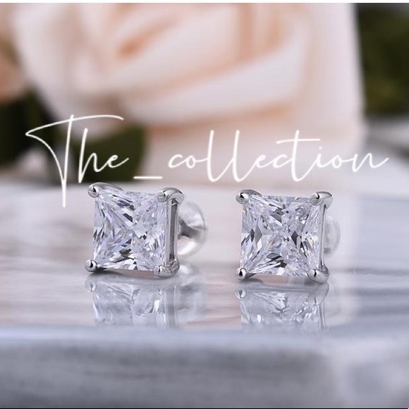 DIAMOND PRINCESS CUT STERLING SILVER STUD EARRINGS - Picture 3 of 3